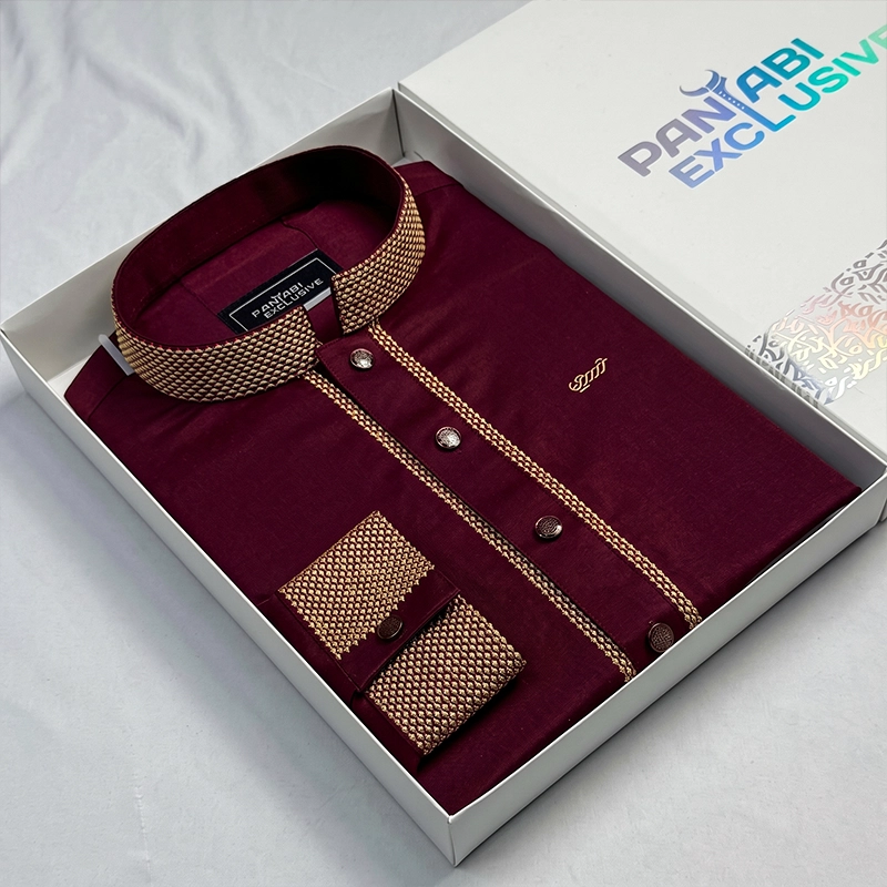 Luxury Emboydary Bamboo Panjabi ( Maroon )