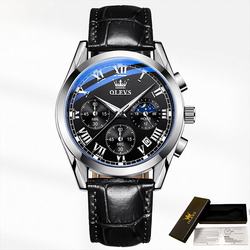 Olevs 2871 Leather Analog Watch - Black