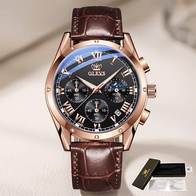 Olevs 2871 Leather Analog Watch - maroon