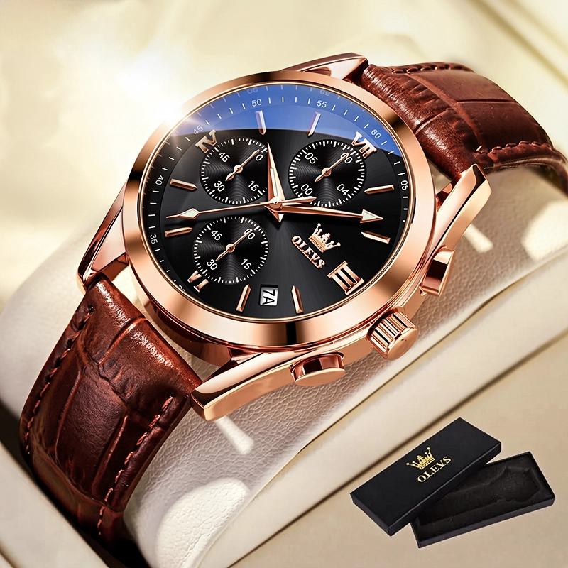 Olevs 2872 Leather Watch For Men - Black