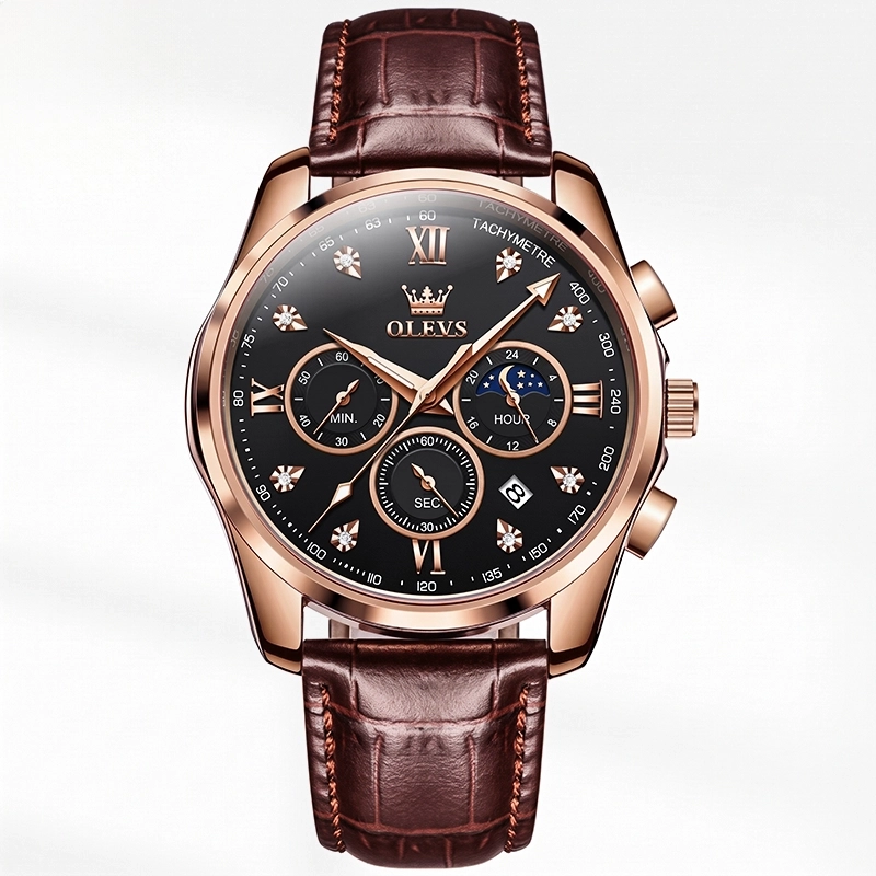 Olevs 2888 Leather watch For Men - Black