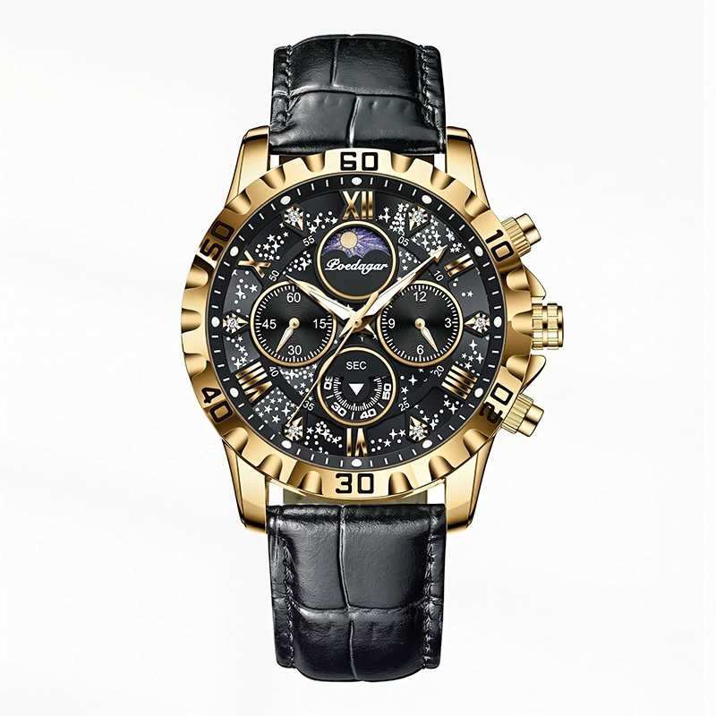 POEDAGAR 973 Leather Watch - Black gold