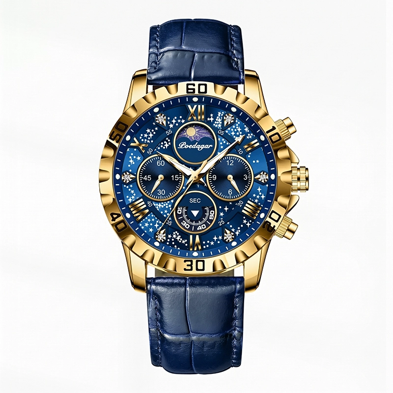 POEDAGAR 973 Leather Watch - Blue Gold